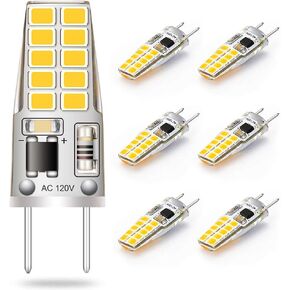 G8 LED Bulb 3W Equivalent to T4 JCD Bi-Pin G8 Base Halogen Bulb 20W-25W Dimmable G8 Light Bulb 120V Warm White 2700K-3000K for Puck Light, Under Cabinet Light, Under Counter Light (6 Pack)