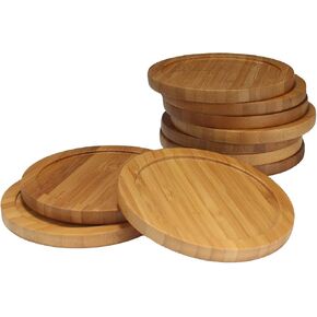 BambooMN Dual Use Bamboo Coasters/Wine Glass Topper, 4" - Vertical Cut - Round - 4 Piece Set