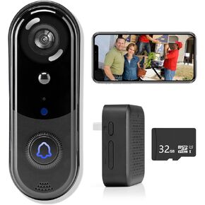 Doorbell Camera Wireless 1080P, No Monthly Fee, Video Doorbell with Chime, 32GB SD/Cloud Storage,Night Vision, Motion Detection,2 Way Audio, IP66 Weatherproof, Real Time Alert (J1)
