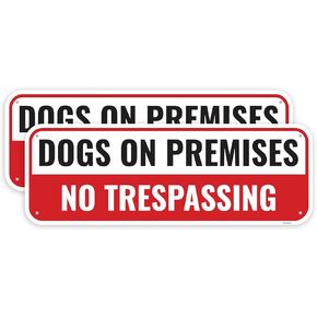 2PC Dogs On Premises No Trespassing Sign, 10 x 7 Inches - Aluminum - Beware Of Dogs Signs For Fence Warning Guard Dog Present On Duty Security