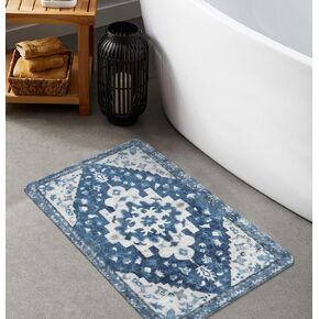 Uphome Vintage Bathroom Rug Blue Boho Non-Slip Bathroom Mat Oriental Soft Machine Washable Bath Rugs Cute Tribal Floral Floor Mats for Sink Tub Door Mat, 18x25 inch