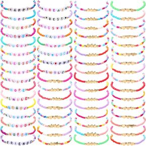Ecation 64 Pcs Friendship Beaded Bracelets for Girls Kids Toddler Jewelry Letter Beads Bracelets Bulk Colorful Cute Stretchy Rainbow Princess Dress up Costume Valentines Day Gifts