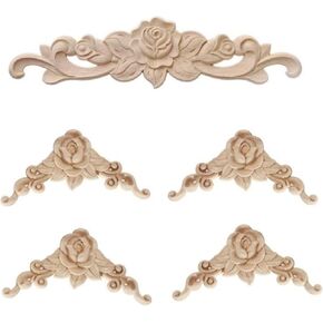5PCS Wood Carved Onlay Applique Wood Appliques Onlays DIY Carved Furniture Appliques Onlays Unpainted Center Carving Decal for Bed Door Cabinet Mirror Fireplace Wardrobe Furniture Decoration,05