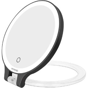 Lighted Magnifying Makeup Mirror, Two Sided 1X/10X Round Vanity Mirror with Adjustable Folding Swiwle Handle, 3 Color Lighting, Rechargeable