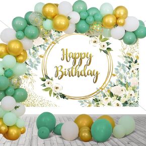 Greenery Birthday Party Decorations Set Green and Gold Eucalyptus Happy Birthday Backdrop Banner,Sage Green Balloon Garland for Girl Women Boho Woodland Neutral Safari Jungle Birthday Party Supplies