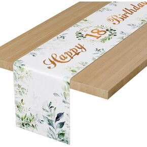 Happy Birthday Table Runners Green, Table Runner Eucalyptus Leaves ,Table Cloth Linen Decoration for Home Holiday Party Decor Dining Table Decoration for Kids Girls Boys 15.75 x72 Inch