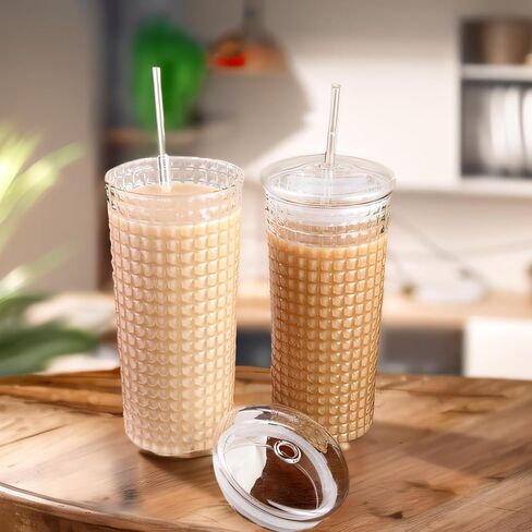 أكواب زجاجية من بيريتي مع أغطية وقش زجاجية، كوب زجاجي عالي البورسليكات 24oz، قهوة مثلجة، عصير الصودا، كوب شاي ماء واسع الفم، برطمان ميسون قابل لإعادة الاستخدام، كوب للشرب، شفاف in Kuwait