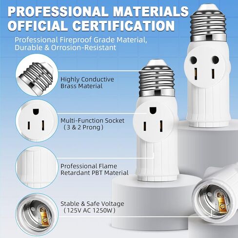 مقبس إضاءة لمحول التوصيل (عبوة من قطعتين)، محول مقبس لمبة إضاءة 2&3 شقوق، محول مقبس إضاءة احترافي من مواد مقاومة للحرارة، محول قابس لمبة إضاءة لمقابس التوسيع - أسود in Kuwait