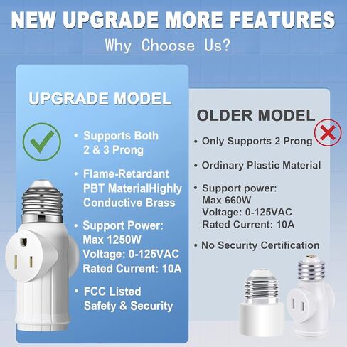 مقبس إضاءة لمحول التوصيل (عبوة من قطعتين)، محول مقبس لمبة إضاءة 2&3 شقوق، محول مقبس إضاءة احترافي من مواد مقاومة للحرارة، محول قابس لمبة إضاءة لمقابس التوسيع - أسود in Kuwait