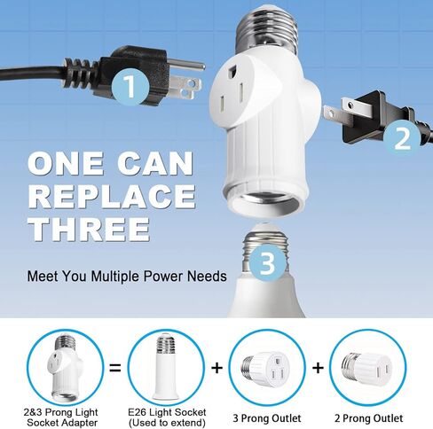 مقبس إضاءة لمحول التوصيل (عبوة من قطعتين)، محول مقبس لمبة إضاءة 2&3 شقوق، محول مقبس إضاءة احترافي من مواد مقاومة للحرارة، محول قابس لمبة إضاءة لمقابس التوسيع - أسود in Kuwait