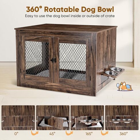 أثاث قفص للكلاب مع أوعية للكلاب قابلة للدوران بزاوية 360 درجة، وطاولة نهاية خشبية لبيت الكلاب مقاس 41 بوصة مع وسادة وصينية وأبواب مزدوجة، للاستخدام الداخلي في بيت قفص الحيوانات الأليفة للكلاب المتوسطة والكبيرة (بني) in Kuwait