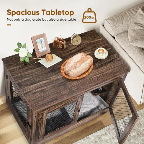 أثاث قفص للكلاب مع أوعية للكلاب قابلة للدوران بزاوية 360 درجة، وطاولة نهاية خشبية لبيت الكلاب مقاس 41 بوصة مع وسادة وصينية وأبواب مزدوجة، للاستخدام الداخلي في بيت قفص الحيوانات الأليفة للكلاب المتوسطة والكبيرة (بني) in Kuwait