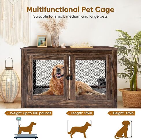 أثاث قفص للكلاب مع أوعية للكلاب قابلة للدوران بزاوية 360 درجة، وطاولة نهاية خشبية لبيت الكلاب مقاس 41 بوصة مع وسادة وصينية وأبواب مزدوجة، للاستخدام الداخلي في بيت قفص الحيوانات الأليفة للكلاب المتوسطة والكبيرة (بني) in Kuwait