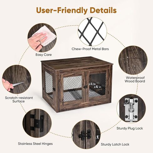 أثاث قفص للكلاب مع أوعية للكلاب قابلة للدوران بزاوية 360 درجة، وطاولة نهاية خشبية لبيت الكلاب مقاس 41 بوصة مع وسادة وصينية وأبواب مزدوجة، للاستخدام الداخلي في بيت قفص الحيوانات الأليفة للكلاب المتوسطة والكبيرة (بني) in Kuwait