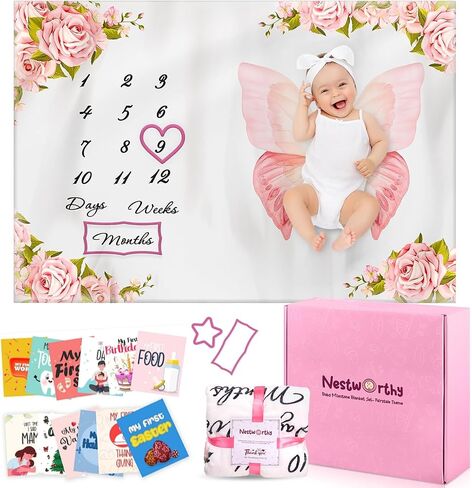 Baby Milestone Blanket for Girls, Pink Floral Monthly Photo Prop Blanket, 60x40 Baby Growth Chart with 6 Milestone Cards, Newborn Girl in Saudi Arabia