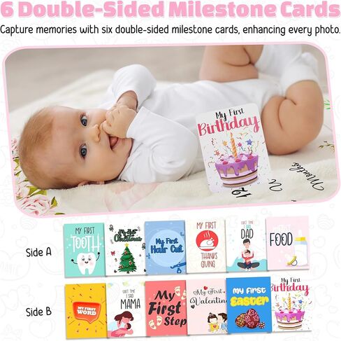 Baby Milestone Blanket for Girls, Pink Floral Monthly Photo Prop Blanket, 60x40 Baby Growth Chart with 6 Milestone Cards, Newborn Girl in Saudi Arabia