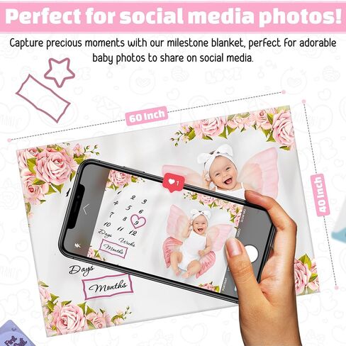 Baby Milestone Blanket for Girls, Pink Floral Monthly Photo Prop Blanket, 60x40 Baby Growth Chart with 6 Milestone Cards, Newborn Girl in Saudi Arabia