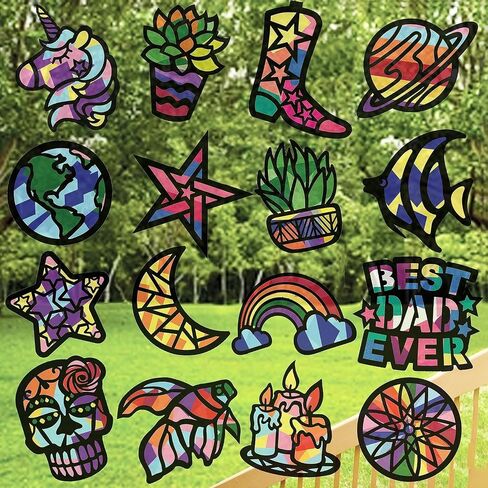 VHALE Suncatchers Craft 3 مجموعات (9 قطع) مع مناديل ورقية ذات تأثير زجاجي ملون، مجموعة أدوات التقاط الشمس، فن النوافذ، الحرف اليدوية في الفصول الدراسية، مشاريع فنية إبداعية، هدايا حفلات الأطفال (نباتات عصارية) in Kuwait