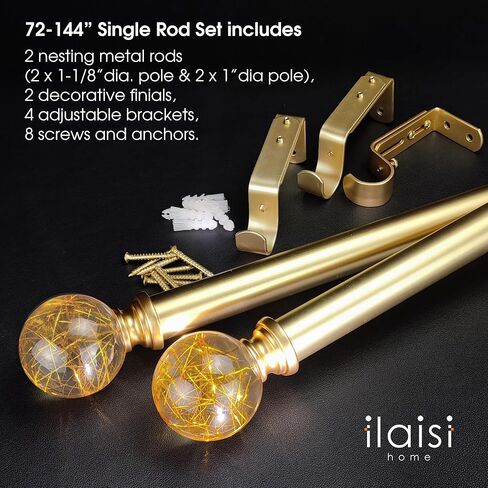 مجموعة قضبان ستائر فردية من ILAISIHOME: قضبان ستائر ذهبية قابلة للتعديل بقطر 1-1/8 بوصة مع خطوط ذهبية شفافة نهائية، 72-144 بوصة، قضيب ستائر ذهبي فردي قياسي لحزمة واحدة in Kuwait