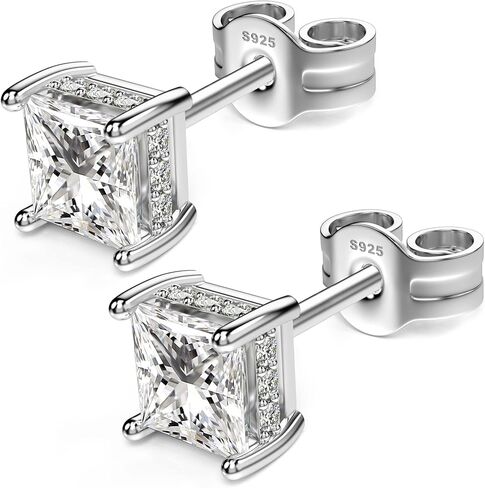 18K White Gold Plated Sterling Silver Princess Cut Cubic Zirconia Stud Earrings Square CZ Diamond Stud Earrings for Women Men Hypoallergenici (Gold 5MM) in Saudi Arabia