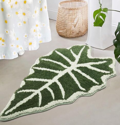 Green Leaf Bathroom Rugs-Tropical Leaves Shaped Bath Mat for Cute Bathroom Decor Alocasia Leaf Plant Rug for Boho Bedroom Washable Sage Green Shower Mat 20''x35.5'' in Kuwait