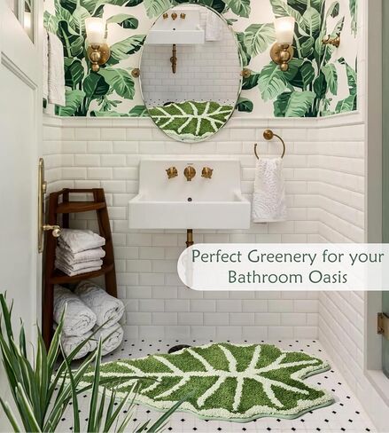 Green Leaf Bathroom Rugs-Tropical Leaves Shaped Bath Mat for Cute Bathroom Decor Alocasia Leaf Plant Rug for Boho Bedroom Washable Sage Green Shower Mat 20''x35.5'' in Kuwait