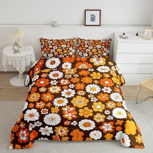Feelyou 60S 70S Groovy Comforter Set Kids Retro Hippie Flower Comforter for Boys Teens Vintage Boho Plant Floral Bedding Set Botanical Blossom Brown Duvet Set Room Decor Quilt Set Twin Size in Kuwait