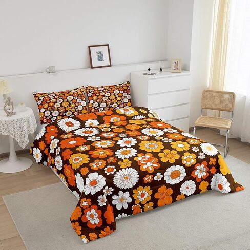 Feelyou 60S 70S Groovy Comforter Set Kids Retro Hippie Flower Comforter for Boys Teens Vintage Boho Plant Floral Bedding Set Botanical Blossom Brown Duvet Set Room Decor Quilt Set Twin Size in Kuwait