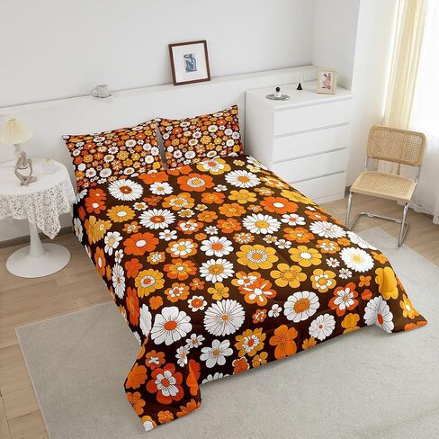 Feelyou 60S 70S Groovy Comforter Set Kids Retro Hippie Flower Comforter for Boys Teens Vintage Boho Plant Floral Bedding Set Botanical Blossom Brown Duvet Set Room Decor Quilt Set Twin Size in Kuwait