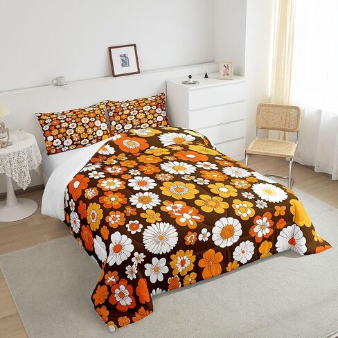 Feelyou 60S 70S Groovy Comforter Set Kids Retro Hippie Flower Comforter for Boys Teens Vintage Boho Plant Floral Bedding Set Botanical Blossom Brown Duvet Set Room Decor Quilt Set Twin Size in Kuwait