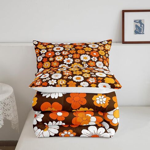 Feelyou 60S 70S Groovy Comforter Set Kids Retro Hippie Flower Comforter for Boys Teens Vintage Boho Plant Floral Bedding Set Botanical Blossom Brown Duvet Set Room Decor Quilt Set Twin Size in Kuwait