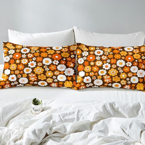 Feelyou 60S 70S Groovy Comforter Set Kids Retro Hippie Flower Comforter for Boys Teens Vintage Boho Plant Floral Bedding Set Botanical Blossom Brown Duvet Set Room Decor Quilt Set Twin Size in Kuwait