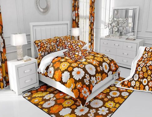 Feelyou 60S 70S Groovy Comforter Set Kids Retro Hippie Flower Comforter for Boys Teens Vintage Boho Plant Floral Bedding Set Botanical Blossom Brown Duvet Set Room Decor Quilt Set Twin Size in Kuwait
