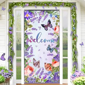 Welcome Butterfly Door Cover Welcome Summer Door Decorations Banner Butterfly Flower Porch Banner Sign Photo Background for Spring and Summer Seasonal Welcome Holiday Party Indoor Outdoor Decor