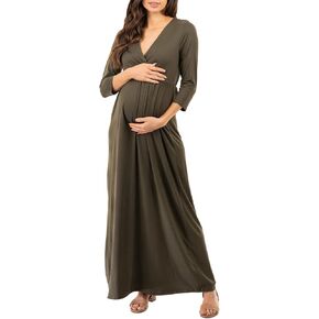 Mother Bee Maternity V-Neck 3/4 Sleeve Ruched Waist Dress