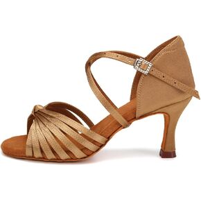 VCIXXVCE Women's Latin Dance Shoes Tan Satin Open Toe 3 inch Heel Ballroom Salsa Dance Practice Shoes Dancing Heels,7 B(M) US