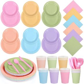 durony 504 Pieces Rainbow Disposable Party Tableware Set Serves 72 Guests 7" & 9" Rainbow Paper Plate 9oz Paper Cups Paper Napkins Plastic Cutlery Rainbow Party Decorations Neon Party Supplies