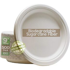 Green Earth, 100% Compostable Paper Plates Natural Bagasse, Sugarcane Fiber, Breakfast Lunch Dinner Biodegradable Recycled Disposable Round Microwave Safe Eco Friendly Heavy-Duty, 9" inches, 50 Pack in Saudi Arabia