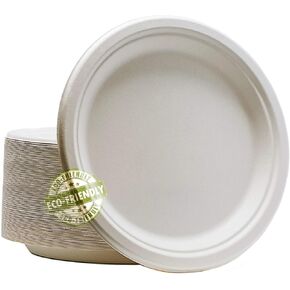 Green Earth, 100% Compostable Paper Plates Natural Bagasse, Sugarcane Fiber, Breakfast Lunch Dinner Biodegradable Recycled Disposable Round Microwave Safe Eco Friendly Heavy-Duty, 9" inches, 50 Pack