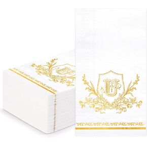 WRAPAHOLIC 50Pcs Letter X Napkins - 3-Ply Disposable Paper Guest Napkin, Gold Foil Letter X with Shield and Floral - 4.3 x 7.9 In