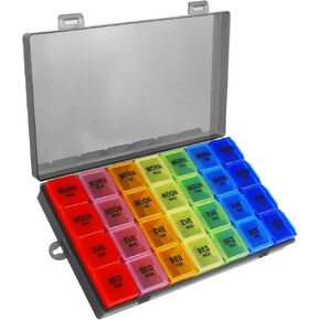 Weekly Pill Organizer 4 Times a Day, 7-Day Pill Boxes, Monthly Medication Organizer 28 Days Portable Compartments & Moisture-Proof Outer Case for Vitamins, Fish Oils, Supplements(Color)