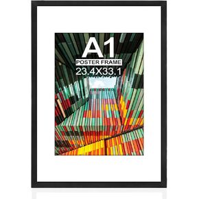 A1 Poster Picture Frame,23.4x33.1(59.4X84.1cm) Natural Soild Wood Black Large Photo Frame with HD Plexiglass,Display Picture A2 with Mat or A1 Without Mat for Wall Mounting Horizontally and Verticall