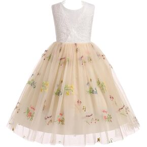 Flower Girl Dress Princess Sleeveless Floral Embroidered Kids Summer Wedding Pageant Birthday Tutu Tulle Dress