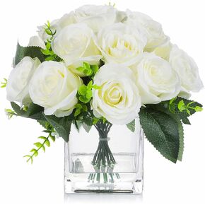 ENOVA FLORAL 18 Heads Silk Rose Artificial Flowers in Vase, Red Faux Rose Flowers Arrangement in Round Bowl Vase with Faux Water for Table Decoration (Red)
