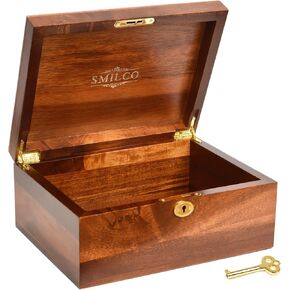 Smilco Wooden Box with Hinged Lid Acacia Wood Decorative Storage Boxes with Combination Lock Hand-Crafted Wooden Box for Recipes box or as Keepsake