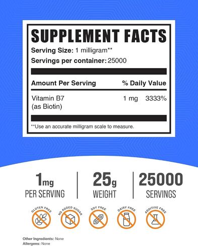 BULKSUPPLEMENTS.COM مسحوق البيوتين النقي - فيتامين ب7، مكمل البيوتين، فيتامينات البيوتين لبشرة الشعر والأظافر - نقي وخالي من الغلوتين، 1 مجم لكل وجبة، 25 جرام (0.88 أونصة)، عبوة من 1 in Saudi Arabia