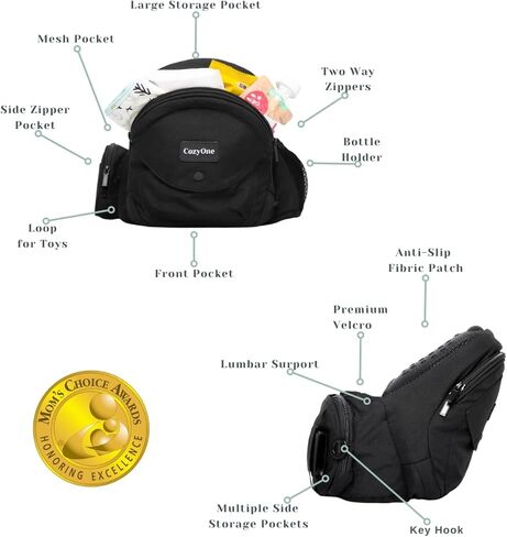 Mom's Choice Award Winner - CozyOne CPC-Certified Baby Hip Carrier, Adjustable Waistband with Abdominal Support Design & Various Pockets for Newborns & Toddlers 8-44 lbs Carrier (Black) in Kuwait