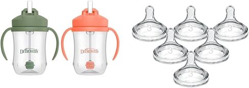 Dr. Brown's Milestones Baby’s First Straw Cup, Training Cup with Weighted Straw & Milestones Narrow Sippy Straw Bottle with 100% Silicone Handles, 8oz/250mL, Gray & Green, 2 Pack, 6m+ in Saudi Arabia