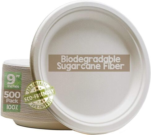Green Earth, 100% Compostable Paper Plates Natural Bagasse, Sugarcane Fiber, Breakfast Lunch Dinner Biodegradable Recycled Disposable Round Microwave Safe Eco Friendly Heavy-Duty, 9" inches, 50 Pack in Saudi Arabia