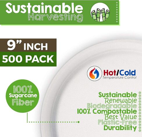 Green Earth, 100% Compostable Paper Plates Natural Bagasse, Sugarcane Fiber, Breakfast Lunch Dinner Biodegradable Recycled Disposable Round Microwave Safe Eco Friendly Heavy-Duty, 9" inches, 50 Pack in Saudi Arabia